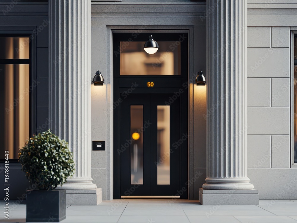 Fototapeta premium Bank exterior with sleek closedcircuit cameras monitoring the main entrance, live footage being reviewed by security personnel, early evening glow