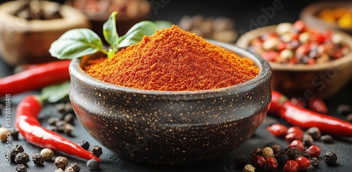 Bright Red Chili Powder in Wooden Bowl Surrounded by Spices and Fresh Peppers...
