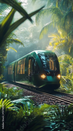 Train Travels Through Lush Jungle Landscape on a Serene Morning With Bright G...