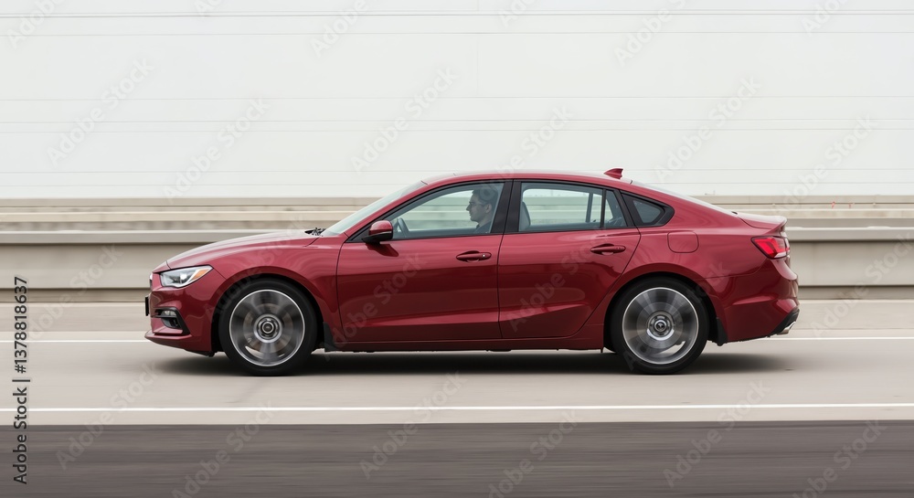 sleek red car driving on a road sleek red car driving on a road