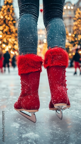 Skater Enjoys Winter Wonderland on a Festive Ice Rink With Holiday Lights in ...