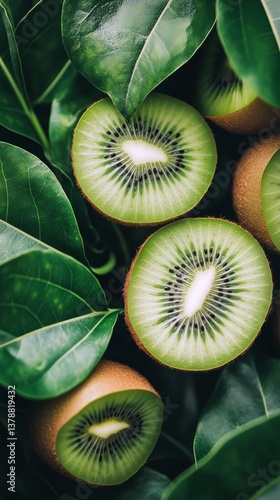 Freshly Sliced Kiwi Fruit Resting on Vibrant Green Leaves in a Natural Setting