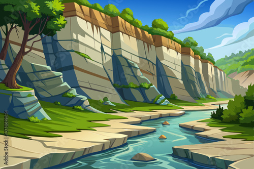 Vector of weathered limestone cliffs next to a calm river, green forest landscape