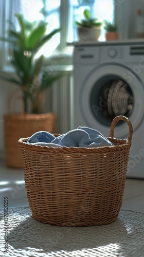 Laundry Basket Filled With Clean Clothes Beside a Washing Machine in a Bright...
