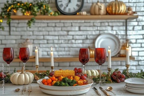 Festive Dinner Table Adorned With Roasted Turkey and Seasonal Decorations for...