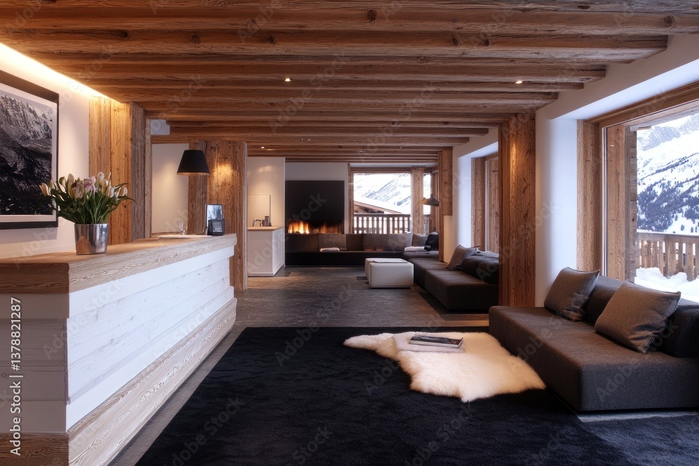 Fototapeta premium A luxurious modern lodge interior with wood and a fireplace