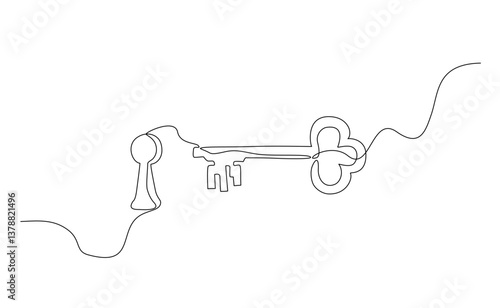 Minimalist continuous one line drawing of a vintage key and keyhole, symbolizing access, opportunity, and security. Perfect for concepts of unlocking potential, mystery, or solutions. Editable stroke