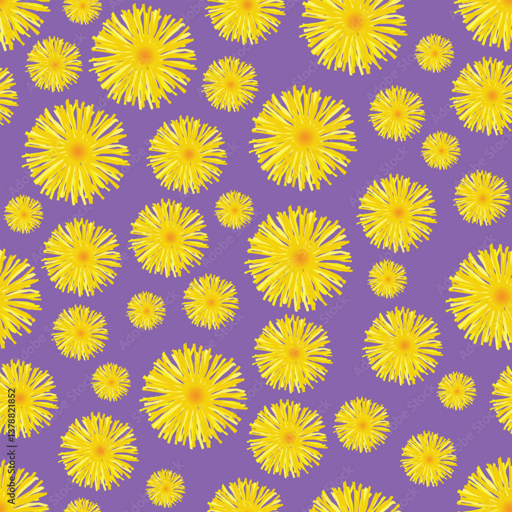 A bright seamless pattern featuring stylized yellow dandelions against a solid purple bg.The dandelions are depicted with detailed petals radiating from a central point,creating a sunny design. A bright seamless pattern featuring stylized yellow dandelions against a solid purple bg.The dandelions are depicted with detailed petals radiating from a central point,creating a sunny design.