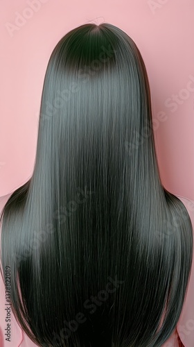 Long, Shiny Black Hair With a Smooth Texture Against a Soft Pink Background