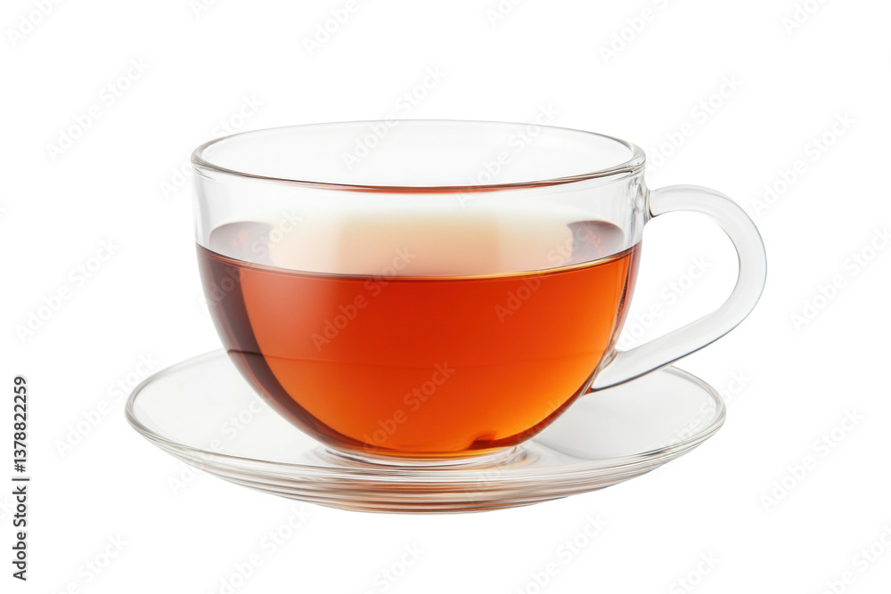Transparent glass teacup with saucer filled with amber tea, cut out Transparent glass teacup with saucer filled with amber tea, cut out