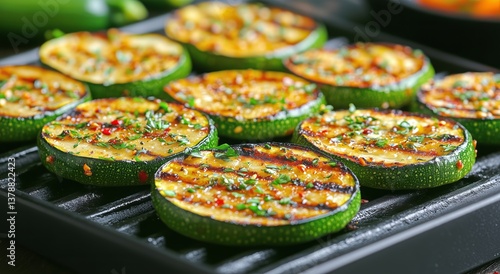 Grilled Zucchini Slices Topped With Herbs on a Barbecue Grill During Summer C...