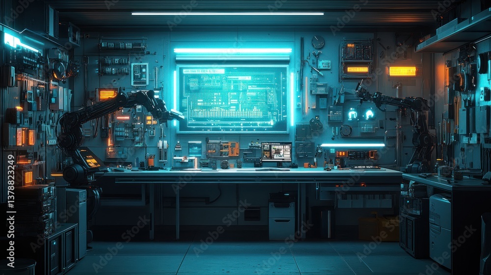 Futuristic workshop, robotic arms working, bright neon lights, computer monitors in background. Use stock photography Futuristic workshop, robotic arms working, bright neon lights, computer monitors in background. Use stock photography