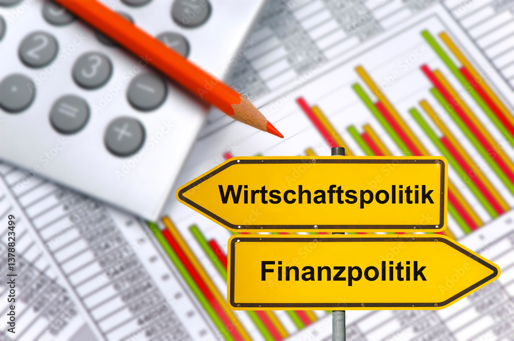 Über einem Chart mit Daten und einem Taschenrechner steht ein Wegweiser beschriftet mit Wirtschaftspolitik und Finanzpolitik - FOTOMONTAGE