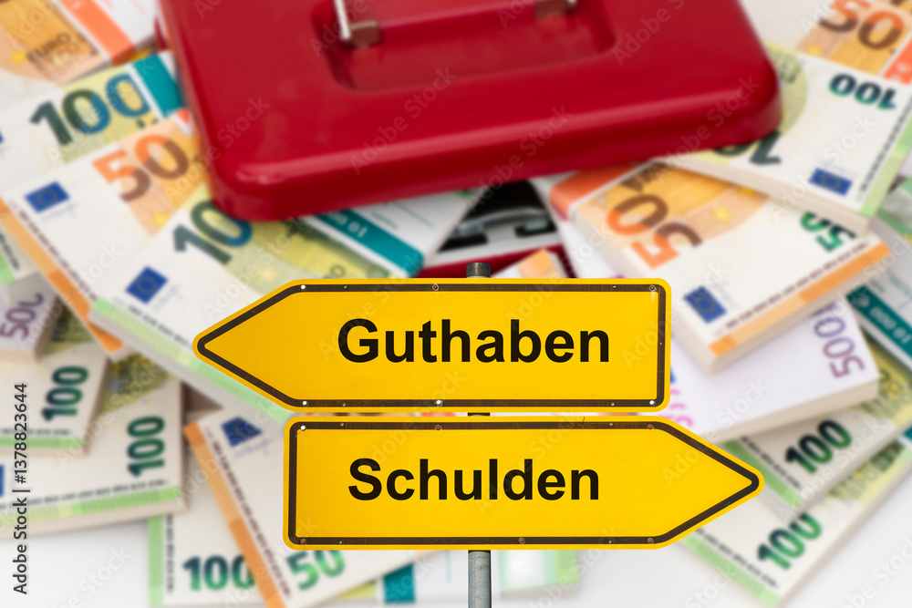 Vor einer Geldkassette mit vielen Bündel Euro Banknoten steht ein Wegweiser beschriftet mit Guthaben und Schulden - FOTOMONTAGE
