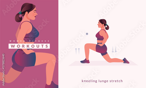 Kneeling lunge stretch exercise, Woman workout fitness, aerobic and exercises.