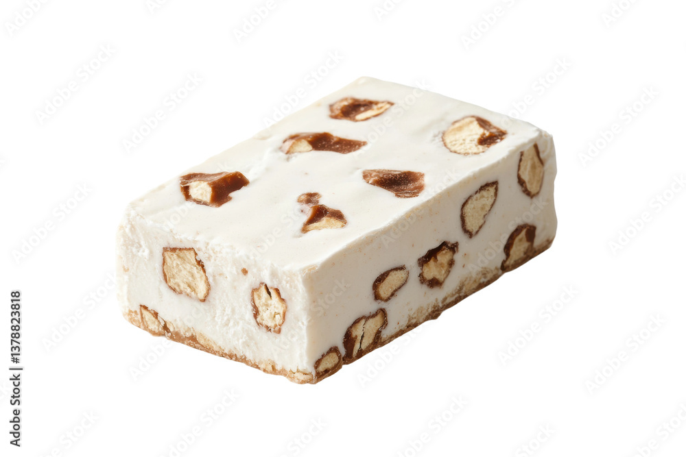 Obraz premium Delicious nougat bar with nuts and caramel chunks on white background, cut out
