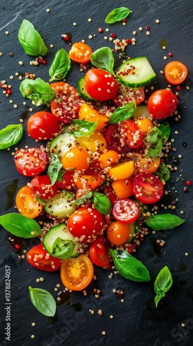 Fresh Vegetable Salad With Colorful Tomatoes and Quinoa Served on a Black Sla...