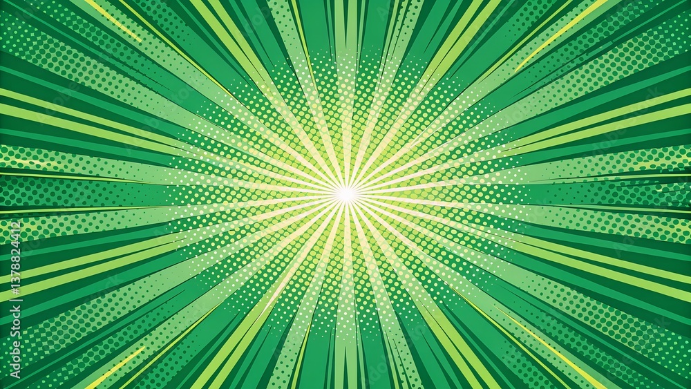 Obraz premium Green Sunburst Background with Radiating Lines, Bright Glow Effect