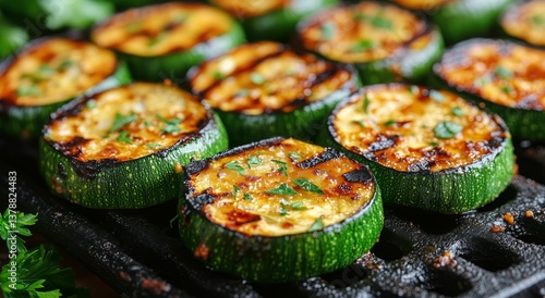Grilled Zucchini Slices Topped With Herbs on a Barbecue Grill During Summer C...