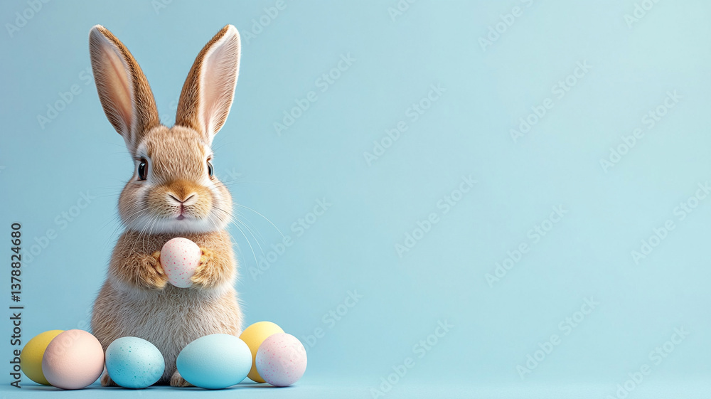 Fototapeta premium Cute Bunny with Pastel Easter Eggs on Blue Background