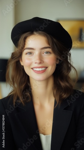 Smiling Woman Wearing a Black Hat in a Bright Room With Natural Lighting