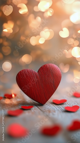 Red Heart Decoration Surrounded by Smaller Hearts on a Wooden Surface With So...