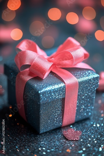 Wrapped Gift With Pink Ribbon on Sparkling Background During Festive Occasion