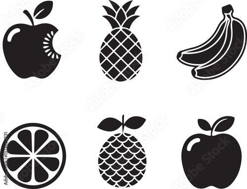 A collection of black fruit silhouettes on a white background.