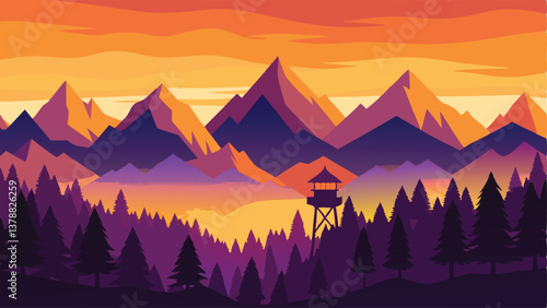 Mountain Sunset Illustration Digital Landscape Art, Forest Silhouette, Fire watch Aesthetic, Vibrant Colors, Nature Scene, Travel Adventure Background