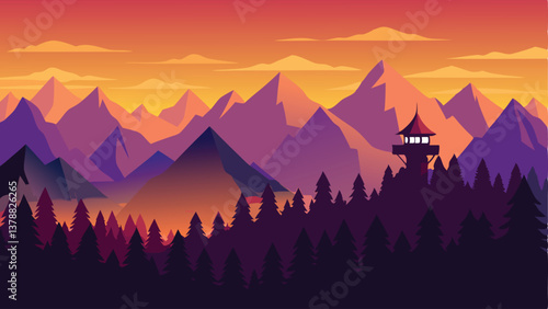 Mountain Sunset Illustration Digital Landscape Art, Forest Silhouette, Fire watch Aesthetic, Vibrant Colors, Nature Scene, Travel Adventure Background