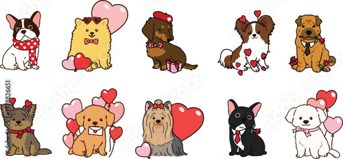 Simple and adorable illustrations of small dogs for Valentine's Day