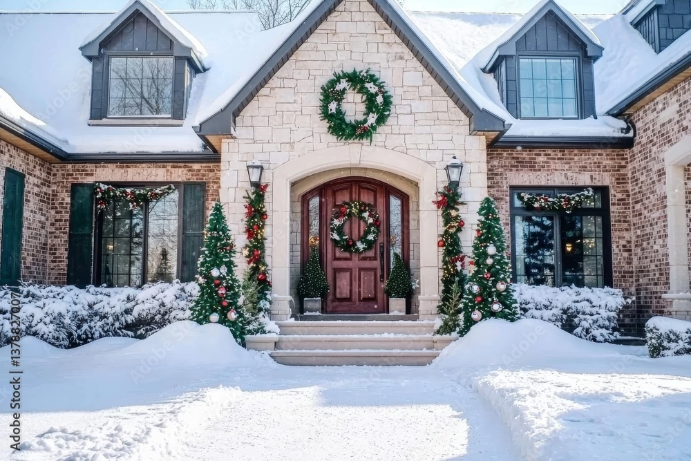Fototapeta premium A charming house exterior adorned with festive Christmas decorations.