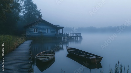 Mystical foggy lake scene with boathouse, dock, and two small wooden boats adrift
