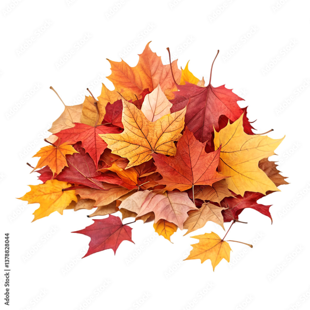 Fototapeta premium Pile of colorful autumn leaves isolated on transparent background available as PNG or PSD
