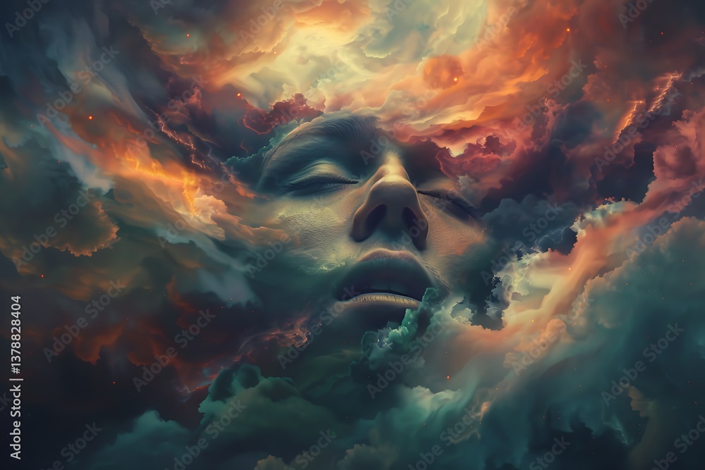 A worried mind with swirling, heavy clouds and intense colors creating a sense of apprehension and stress A worried mind with swirling, heavy clouds and intense colors creating a sense of apprehension and stress