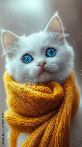 Cute White Kitten With Blue Eyes Wearing a Yellow Scarf in a Snowy Background...