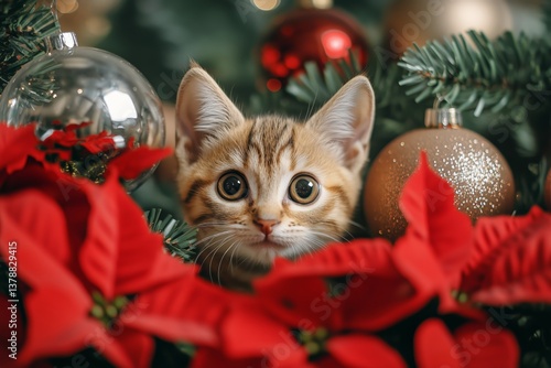 Cute Orange Kitten Peeks Through Christmas Decorations Among Red Poinsettias ...