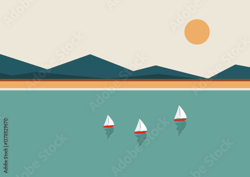 Scandinavian landscape with sea and mountains. Norwegian fjord illustration. Nordic nature landscape