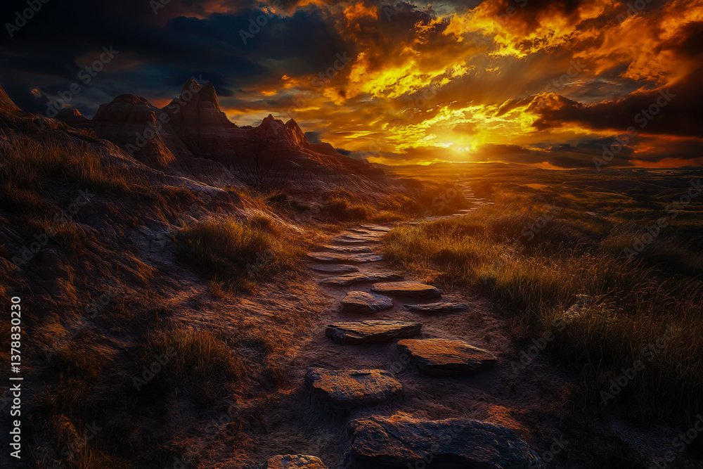 Fototapeta premium A stunning sunset spreads vibrant colors over the rugged land, a winding stone path leading to captivating views.
