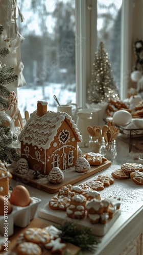 Festive Gingerbread House With Cookies and Holiday Decor on a Snowy Winter Day