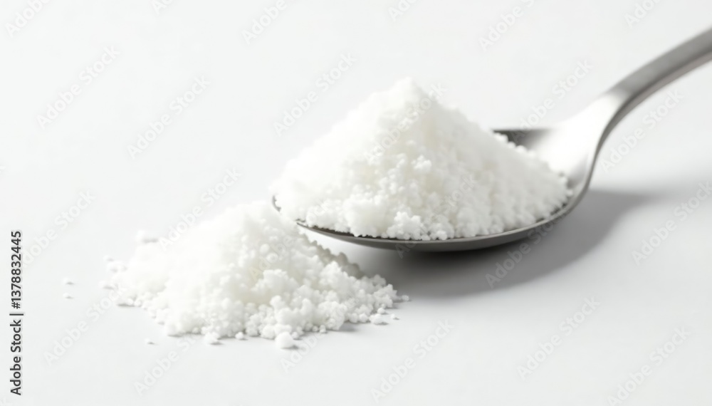 Spoonful of white sugar against white backdrop, studio shot, white background, isolated Spoonful of white sugar against white backdrop, studio shot, white background, isolated