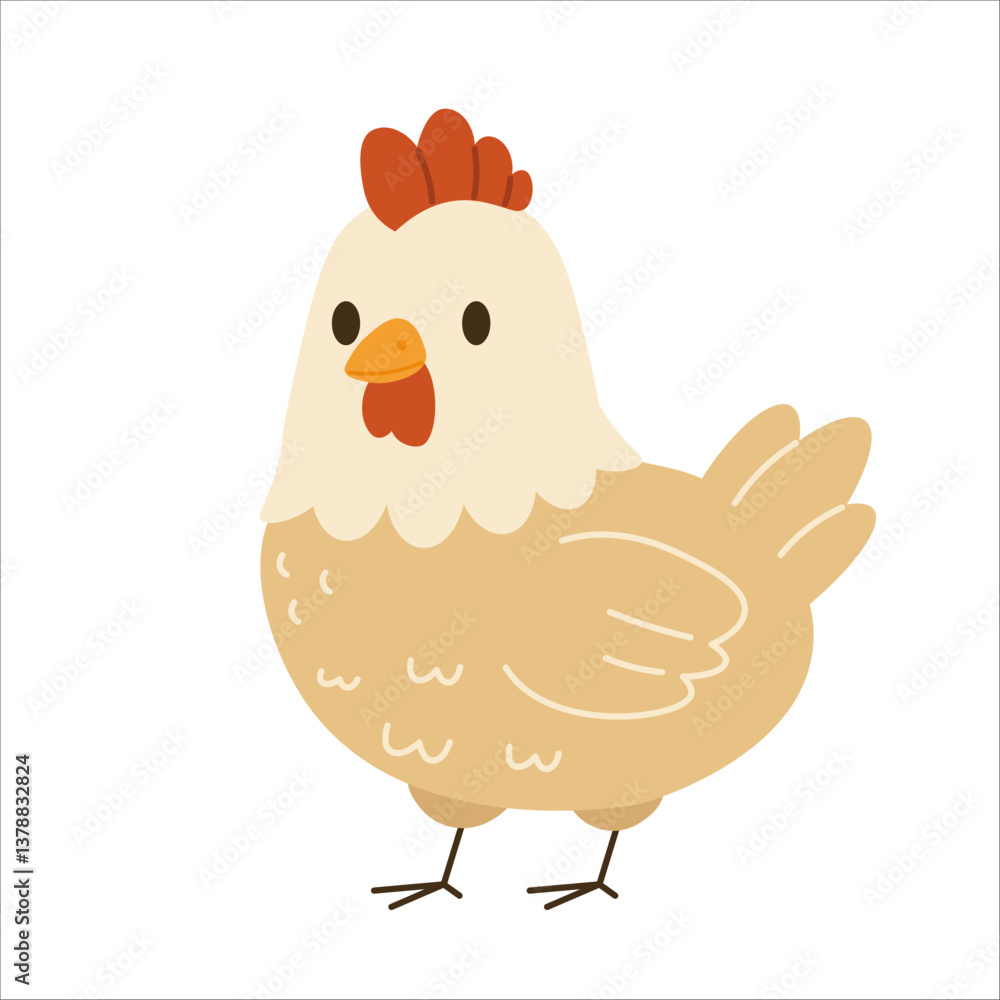 Flat style illustration of a light brown hen with red comb and orange beak, perfect for farm-themed designs, children’s books, educational materials, and agricultural content Flat style illustration of a light brown hen with red comb and orange beak, perfect for farm-themed designs, children’s books, educational materials, and agricultural content
