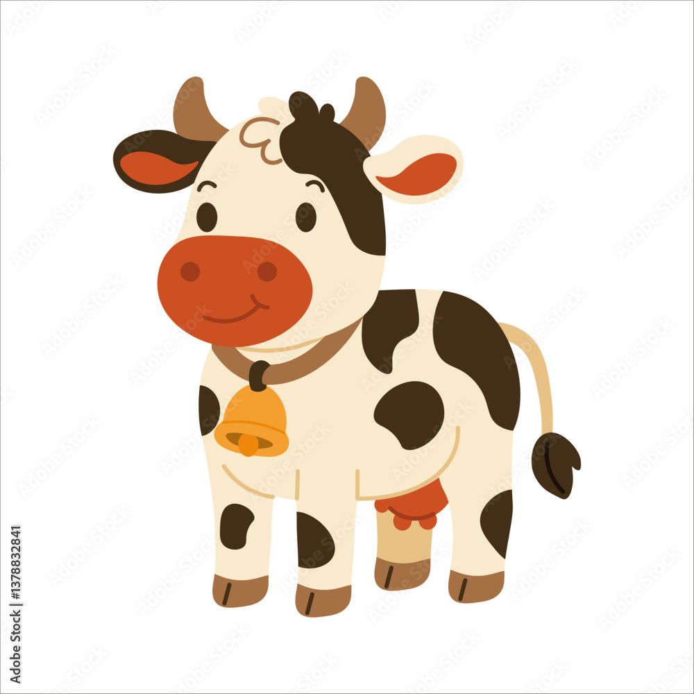 Flat style illustration of a cute dairy cow with brown spots, horns, and a bell collar, ideal for farm-themed projects, children’s books, and agricultural educational materials Flat style illustration of a cute dairy cow with brown spots, horns, and a bell collar, ideal for farm-themed projects, children’s books, and agricultural educational materials