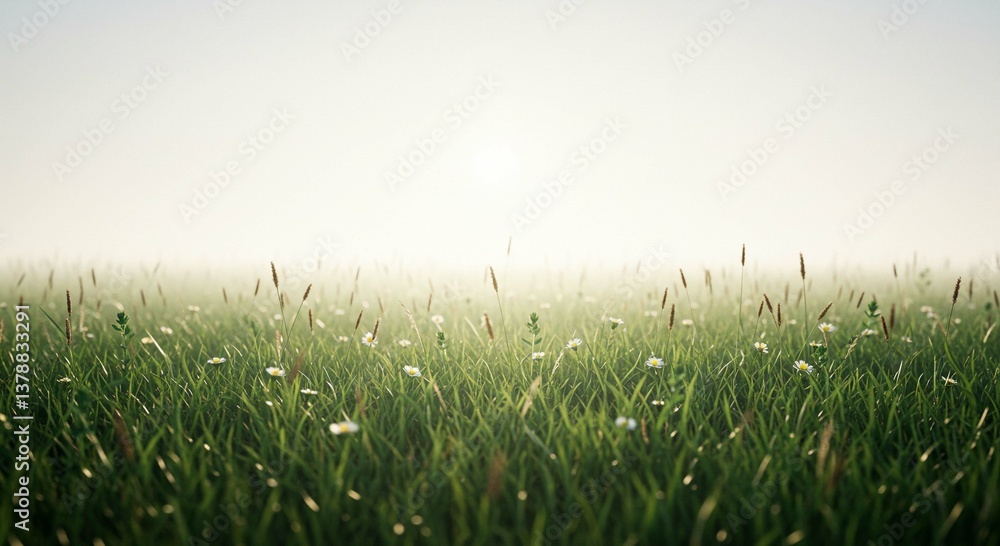 Fototapeta premium Serene Misty Meadow Grass Flowers and Soft Morning Light Landscape