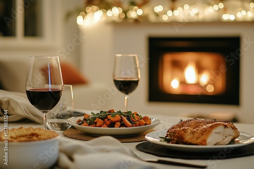 Elegant Dinner Setting With Wine, Pie, and Cozy Fireplace During Festive Gath...