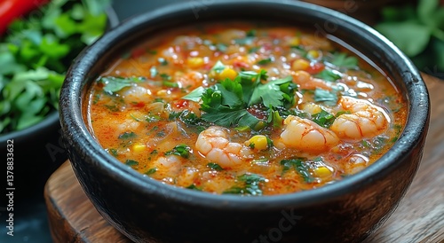 Delicious Shrimp and Meat Stew Garnished With Fresh Herbs Served in a Rustic ...