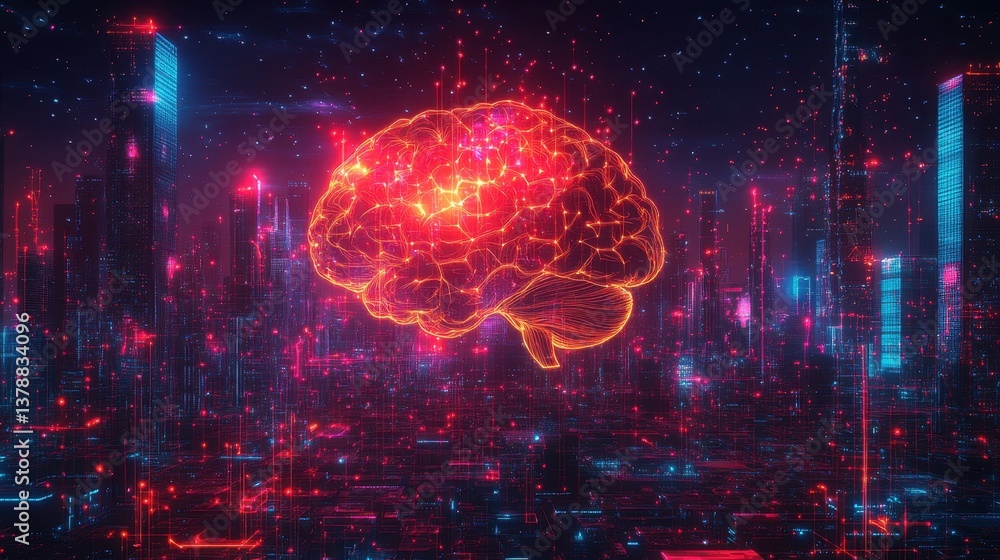 Futuristic Neon Brain Sign Over Cyberpunk Cityscape at Night Futuristic Neon Brain Sign Over Cyberpunk Cityscape at Night