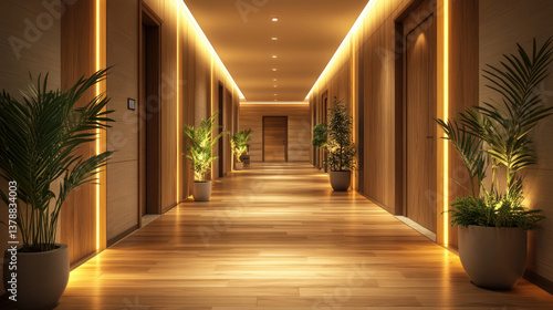 Bright hotel corridor with large windows, sunlight, wooden wall accents, and decorative indoor plants, creating a peaceful and nature-inspired modern space design