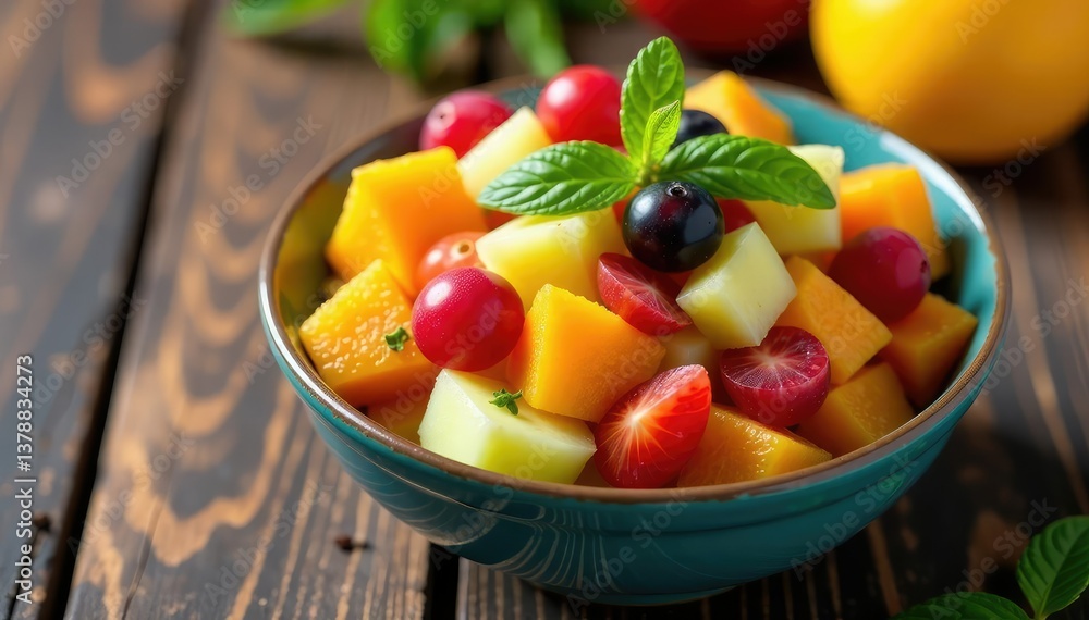 Vibrant bowl of colorful fruit salad, various textures, mango, pineapple Vibrant bowl of colorful fruit salad, various textures, mango, pineapple