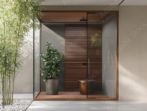 Wallpaper Mural Elegant outdoor toilet with reflective glass walls, gold accents, and a waterfall feature, surrounded by bamboo, isolated, outdoor toilet, modern outdoor spa Torontodigital.ca